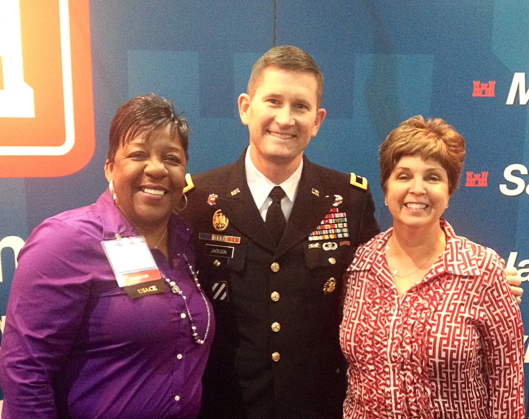 Veronica Taylor (left), contract specialist, Brig. Gen. Donald E. Jackson, Jr., South Atlantic Division commander and Beth Myers (right), deputy for the Small Business Programs Office represented the Corps at the Small Business Conference in Kansas City, Mo. in April.