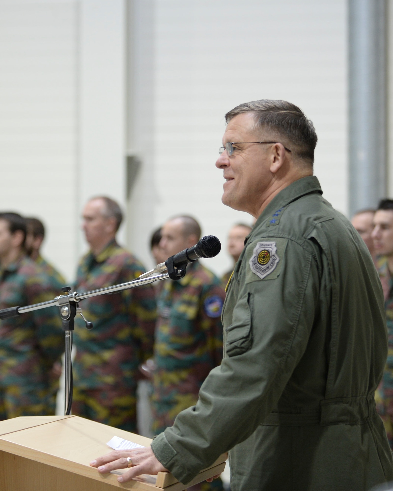 Gen. Frank Gorenc, U.S. Air Forces in Europe-Africa, commander speaks about the importance of NATO partnerships during a Change of Command ceremony at Šiauliai Air Base, Lithuania, Jan. 3, 2013. The ceremony acknowledged the transfer of the Baltic air policing mission from the Belgian air force to the U.S. Air Force. The U.S. will maintain Lithuania’s sovereign air space for a period of four-months. (U.S. Air Force photo by Airman 1st Class Nigel Sandridge/Released)