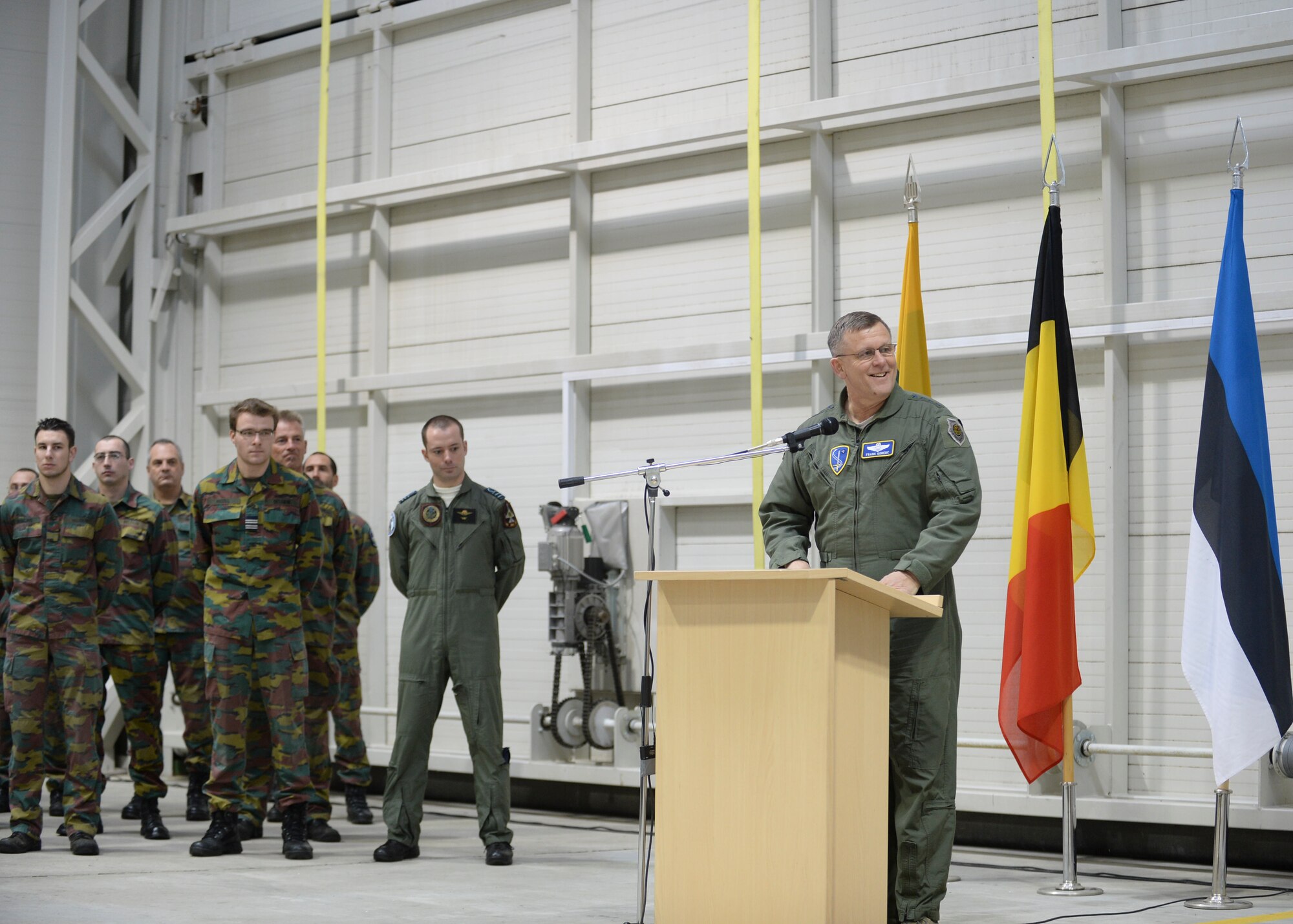 Gen. Frank Gorenc, U.S. Air Forces in Europe-Africa, commander speaks about the importance of NATO partnerships during a Change of Command ceremony at Šiauliai Air Base, Lithuania, Jan. 3, 2013. The ceremony acknowledged the transfer of the Baltic air policing mission from the Belgian air force to the U.S. Air Force. The U.S. will maintain Lithuania’s sovereign air space for a period of four-months. (U.S. Air Force photo by Airman 1st Class Nigel Sandridge/Released)