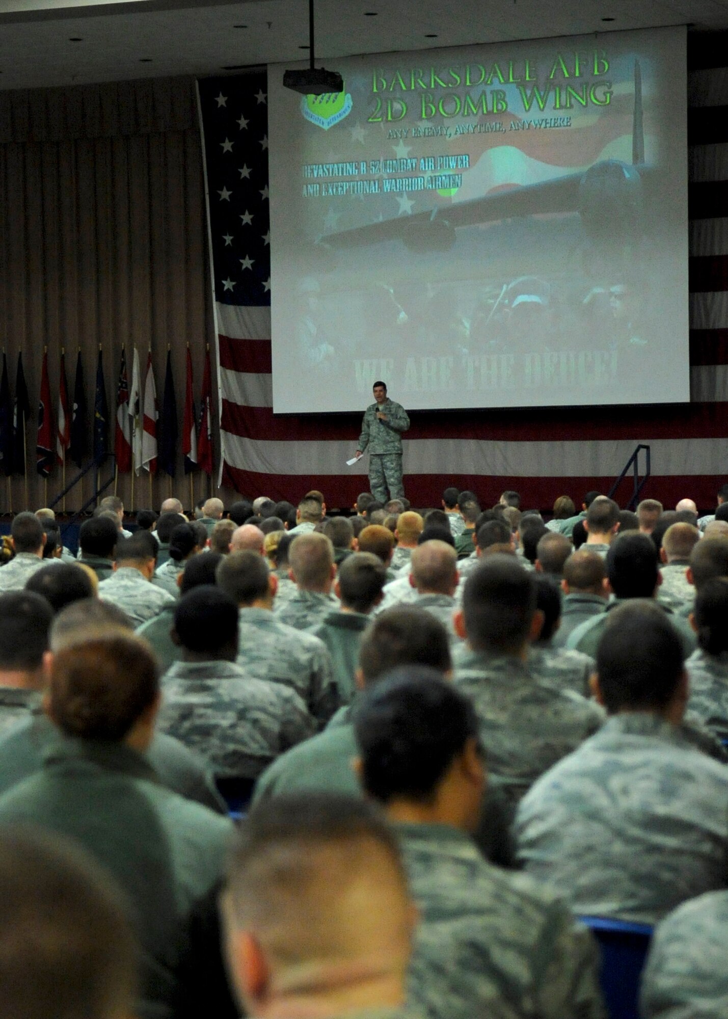 Col. Andrew Gebara, 2nd Bomb Wing commander, speaks with Team Barksdale Airmen during an all-call on Barksdale Air Force Base, La., Jan. 3, 2014. Gebara spoke about the importance of refocusing in order to ensure another successful year, as well as staying resilient and taking care of fellow wingmen. (U.S. Air Force photo/Senior Airman Kristin High)