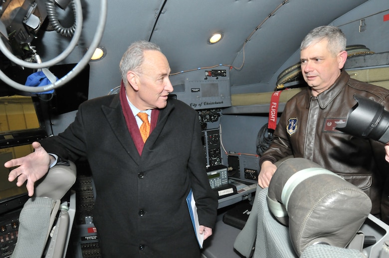 SCOTIA, N.Y. -- Sen. Charles Schumer tours the cockpit of a 109th Airlift Wing LC-130 Skibird with Col. Shawn Clouthier, 109th AW commander, Jan. 3. Schumer visited the base to show support of the unit's unique mission and in preparation for the upcoming appropriations debate in the Senate. (Air National Guard photo by Master Sgt. William Gizara/Released)

