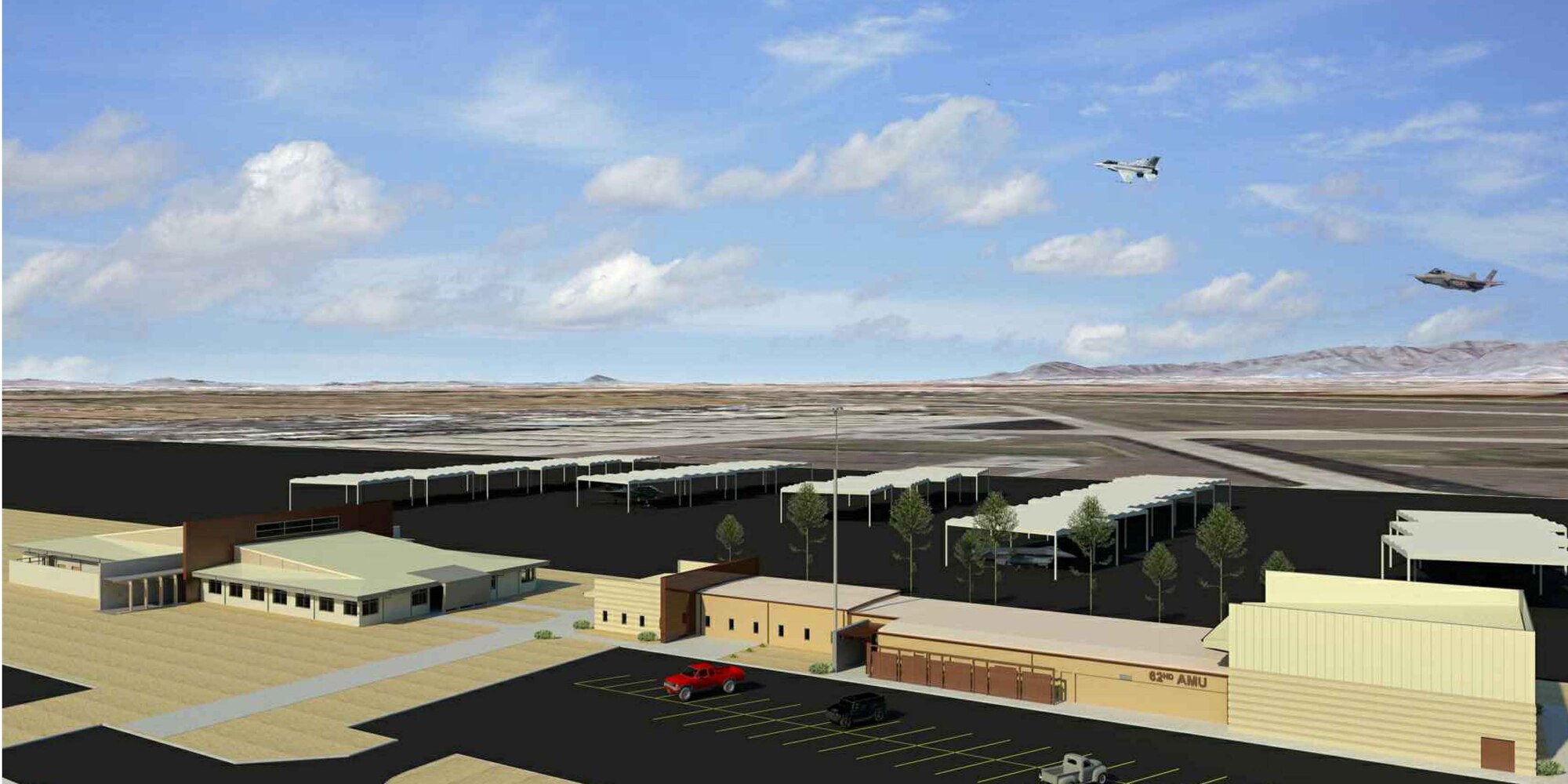JOINT BASE SAN ANTONIO LACKLAND, Texas -- The Air Force Civil Engineer Center wrapped up construction of an F-35 aircraft maintenance unit at Luke Air Force Base, Ariz., in December. The AMU, as depicted in this artist rendering, helps pave the way for the first F-35 Lightning II fighter jets to arrive later this month. (Courtesy graphic)