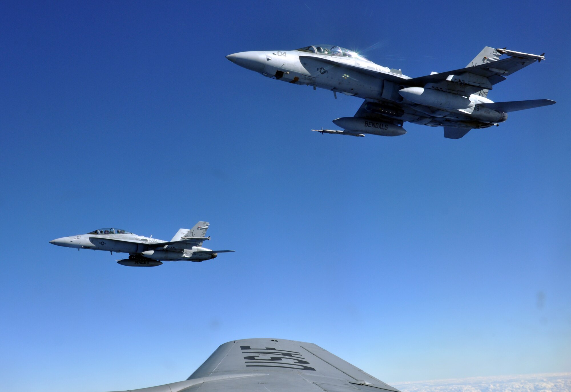 A KC-135R Stratotanker from the 916th Air Refueling Wing flies with two Marine F/A-18D Hornets during exercise Razor Talon on Dec. 13, 2013. The exercise is a recurring, monthly, large scale exercise flown over the mid-Atlantic coastline. (USAF photo by SSgt. Alan Abernethy, 916ARW/PA)
