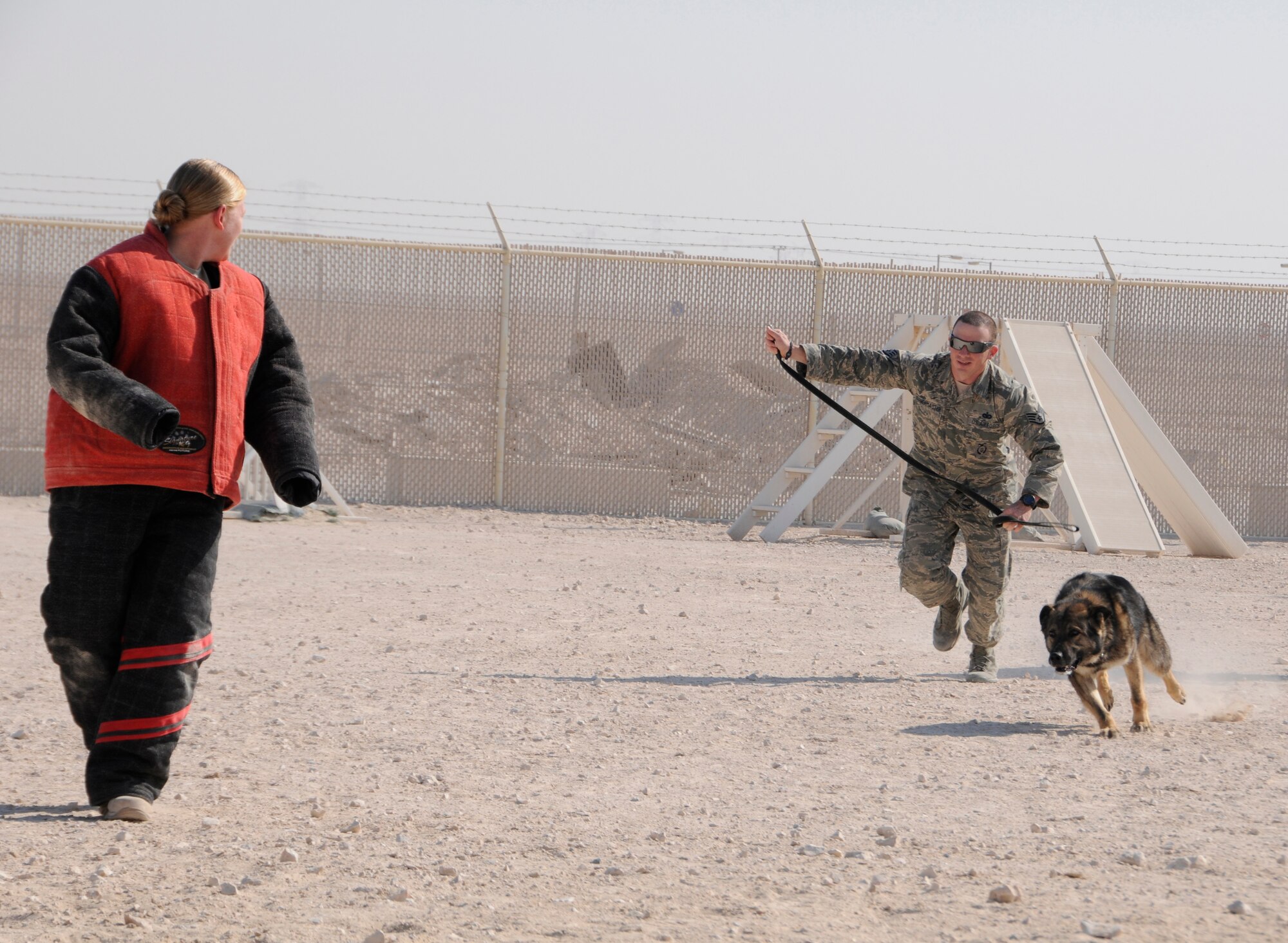 Military working dog Edy races toward Senior Master Sgt. Shelley Cohen, during MWD demonstration for the 577th Expeditionary Red Horse Group at the 379th Air Expeditionary Wing in Southwest Asia, Dec. 30, 2013. Edy is handled by Staff Sgt. Byran Bowermaster a member of the 379th Expeditionary Security Force Squadron. Bowermaster is a St. Petersburg, Fla., native deployed from Beale Air Force Base, Calif. Cohen is the first sergeant for the 557th ERHG and is an Oak Hill, W.Va., native deployed from Barksdale Air Force Base, La. 