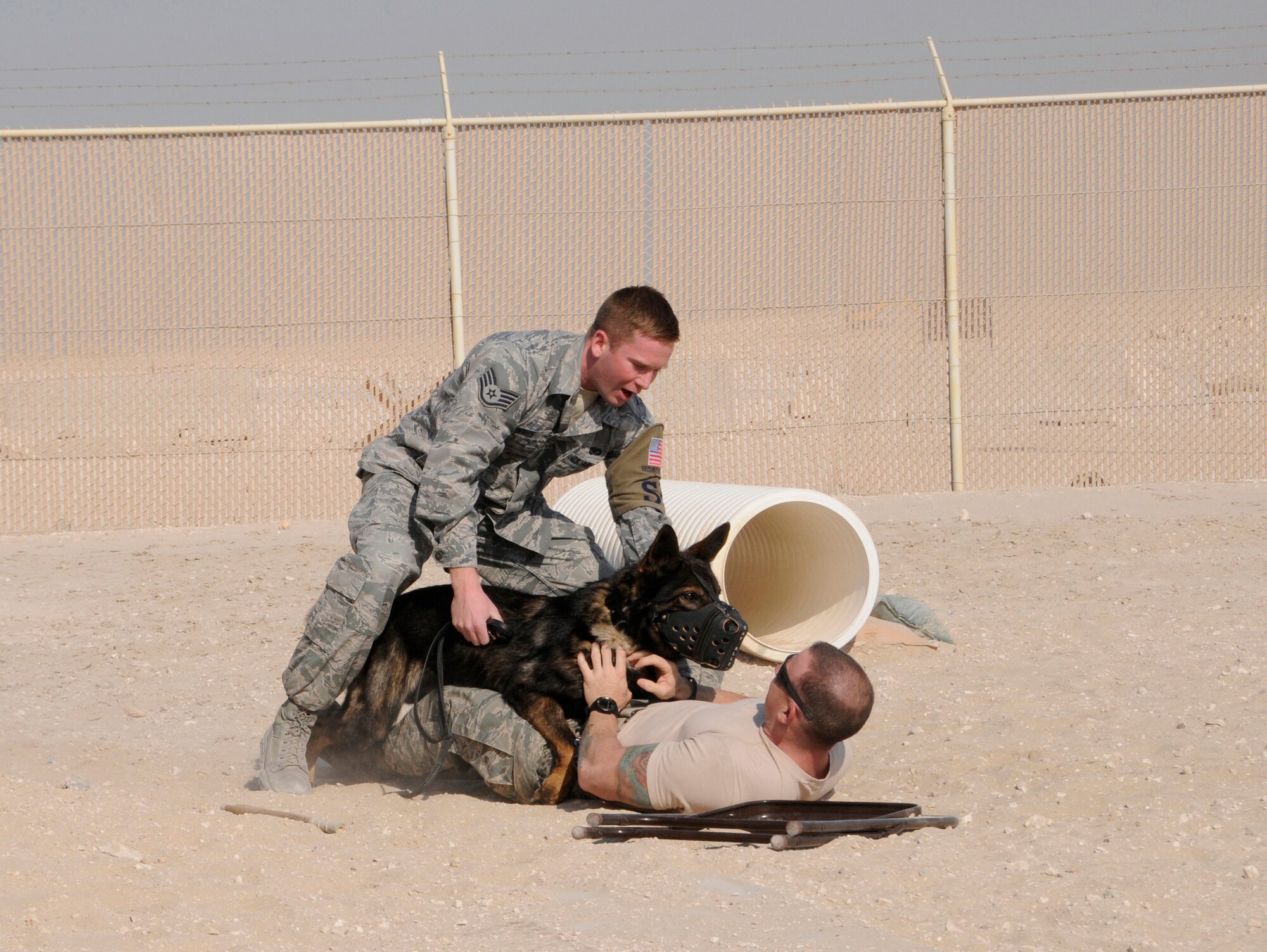 During a military working dog demonstration, Staff Sgt. Scott Emmick and Staff Sgt. Byran Bowermaster, 379th Expeditionary Security Force Squadron dog handlers, conduct muzzle training with Chrach, a MWD at the 379th Air Expeditionary Wing in Southwest Asia, Dec. 30, 2013. Military working dogs are used for patrol, explosive detection and specialized mission functions. Emmick is a Horseheads, N.Y., native deployed from Luke Air Force Base, Ariz., and Bowermaster is a St. Petersburg, Fla., native deployed from Beale Air Force Base, Calif. (U.S. Air Force photo/Senior Airman Hannah Landeros)