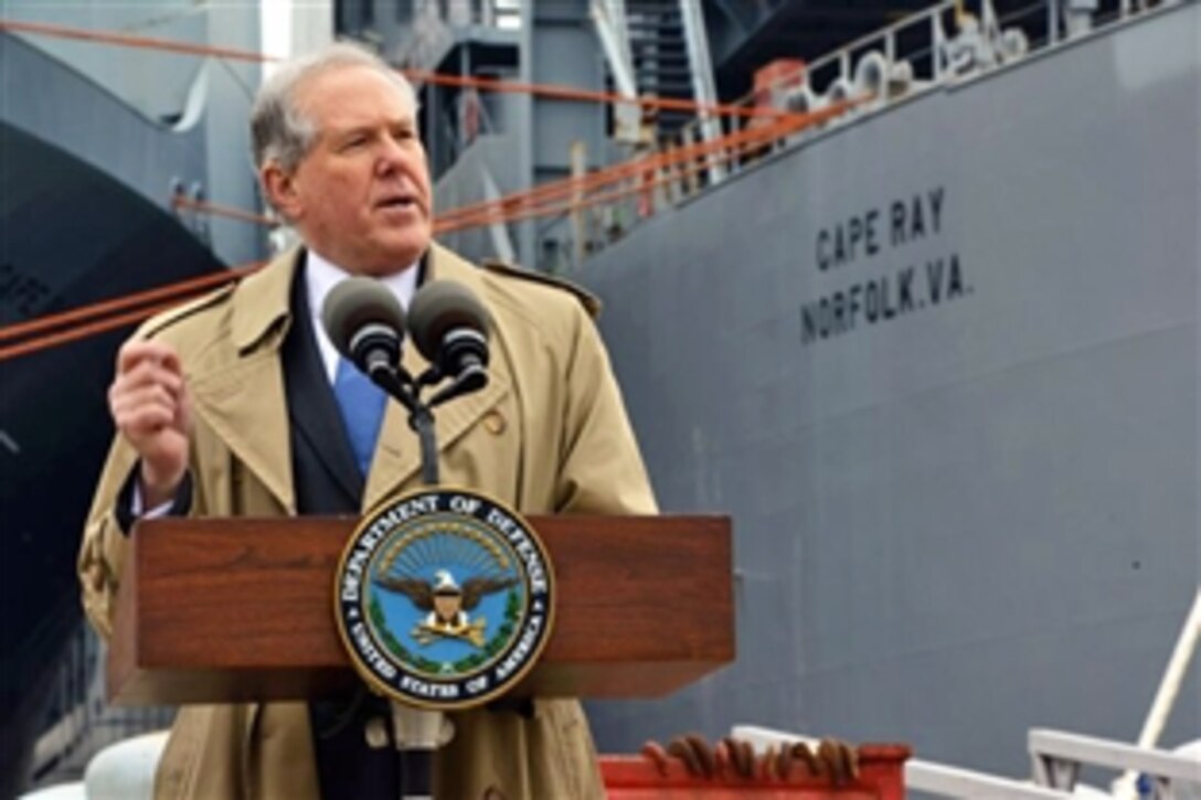 Frank Kendall, undersecretary of defense for acquisition, technology and logistics, speaks to reporters during a visit to the Cape Ray, in Portsmouth, Va., Jan. 2, 2014, to discuss the ship's upcoming mission to destroy chemical weapons from Syria. The Cape Ray is expected to depart for the mission in about two weeks with 64 specialists from the Army’s Edgewood Chemical Biological Center on Aberdeen Proving Ground, Md. 