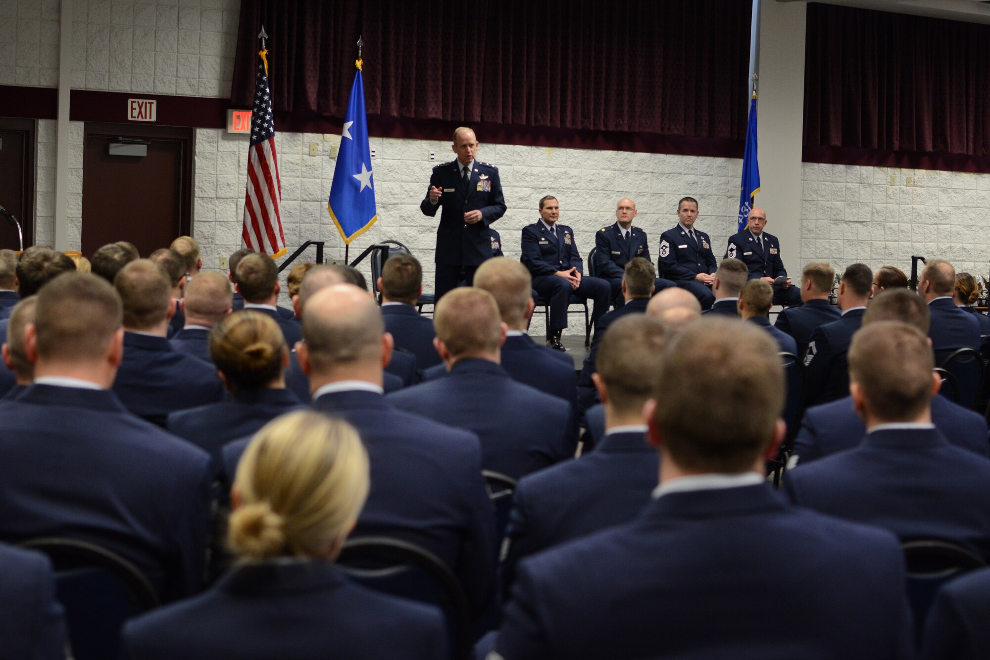 Maj. Gen. Donald P. Dunbar, the adjutant general of Wisconsin, speaks to Hometown Hero Award recipients during a Hometown Hero Awards ceremony at Volk Field Combat Readiness Training Center, Volk Field, Wis., Jan. 4.  Maj. Gen. Donald P. Dunbar, the adjutant general of Wisconsin, spoke of the pride he has for these Airmen. Each took an award home for their support of Operation Noble Eagle, Operation Enduring Freedom and Operation Iraqi Freedom. (Air National Guard photo by Senior Airman Andrea F. Liechti)