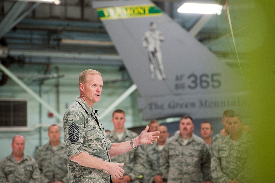 A visit from the Chief Master Sgt. of the Air Force Members of the Vermont Air National Guard gathered together for an Senior Enlisted Call with the Chief Master Sgt. of the Air Force James Cody, at the 158th Fighter Wing, South Burlington, Vt., September 5, 2013. CMSAF Cody spoke to the airmen about the importance of their roles within the organization and their futures. (U.S. Air National Guard photo by A1C Jon Alderman)