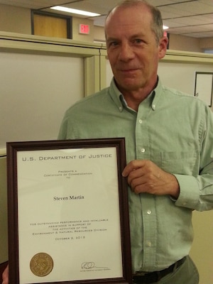 IWR planner Steven Martin was recently recognized with a Certificate of Appreciation from the Department of Justice, Environmental and Natural Resources Division.