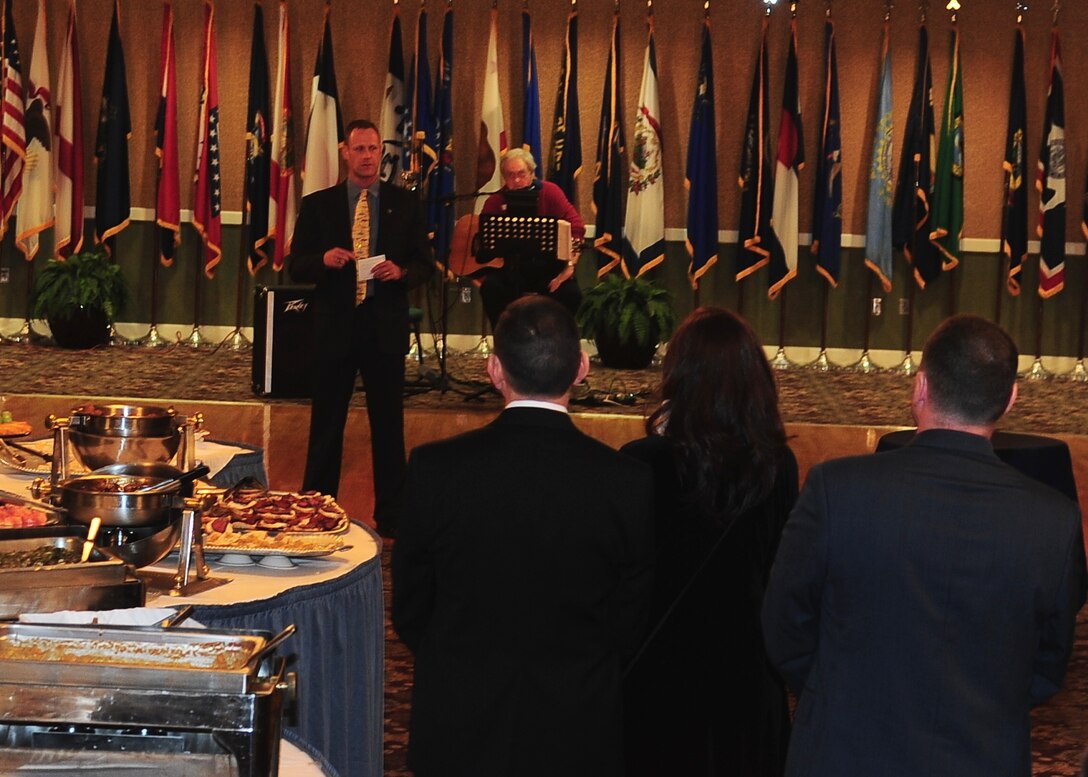 Col. Jim Sears, 14th Flying Training Wing Commander, speaks to a group of about 150 community and base members at the Commanders New Years Reception Jan. 4 at the Columbus Club. Sears, and his wife Vicki, hosted the reception to personally greet community members and usher in the new year. 