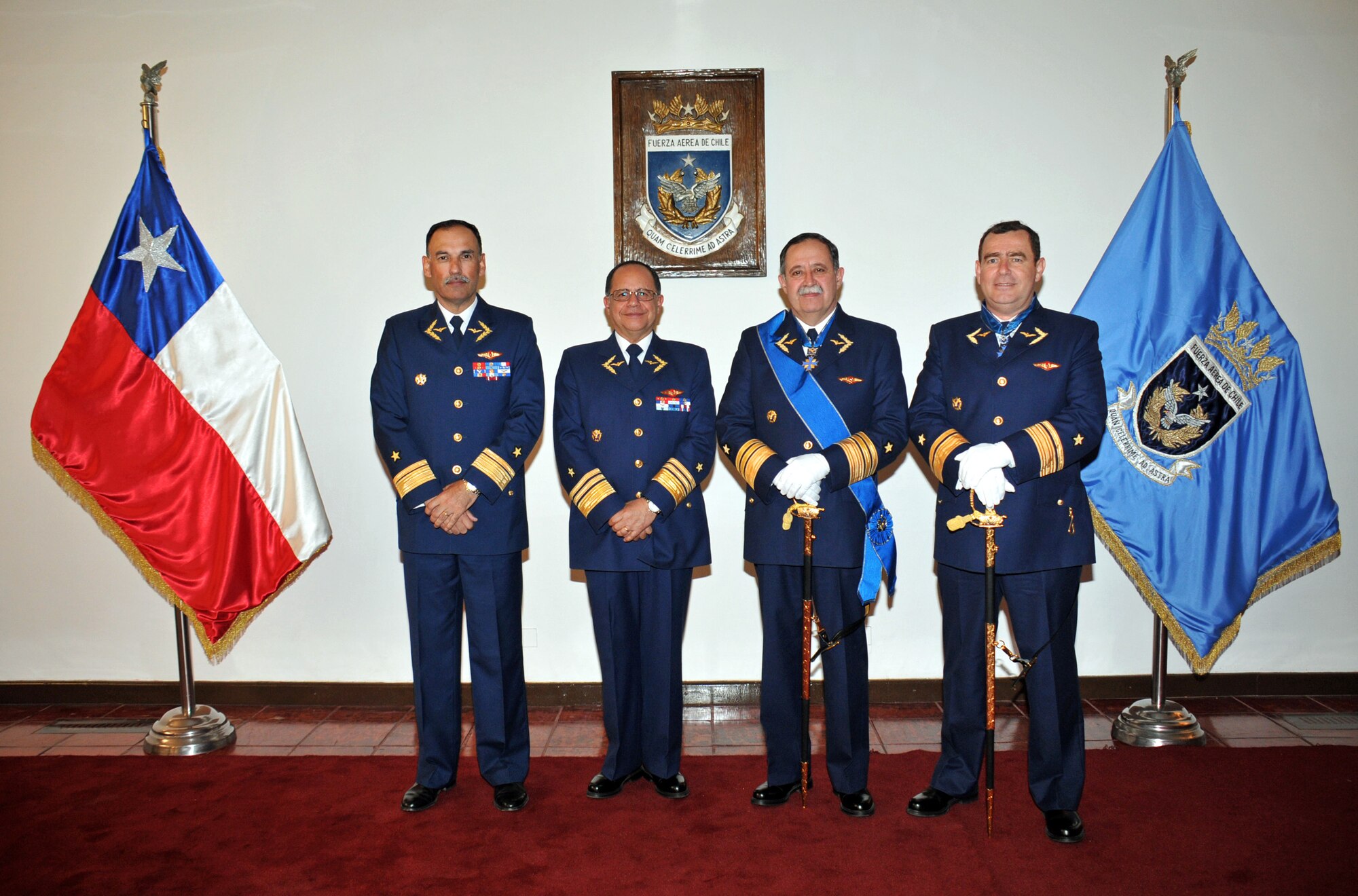 Chilean Air Force Maj. Gen. Álvaro Aguirre, Lt. Gen. Jorge Robles, Maj. Gen. Arturo Silva, and Comodoro Roberto Avendaño pose for a photo.  These four previous Chilean liaison officers to 12th Air Force (Air Forces Southern) are being promoted to key positions within the Chilean Air Force.  (Courtesy Photo/Released)

