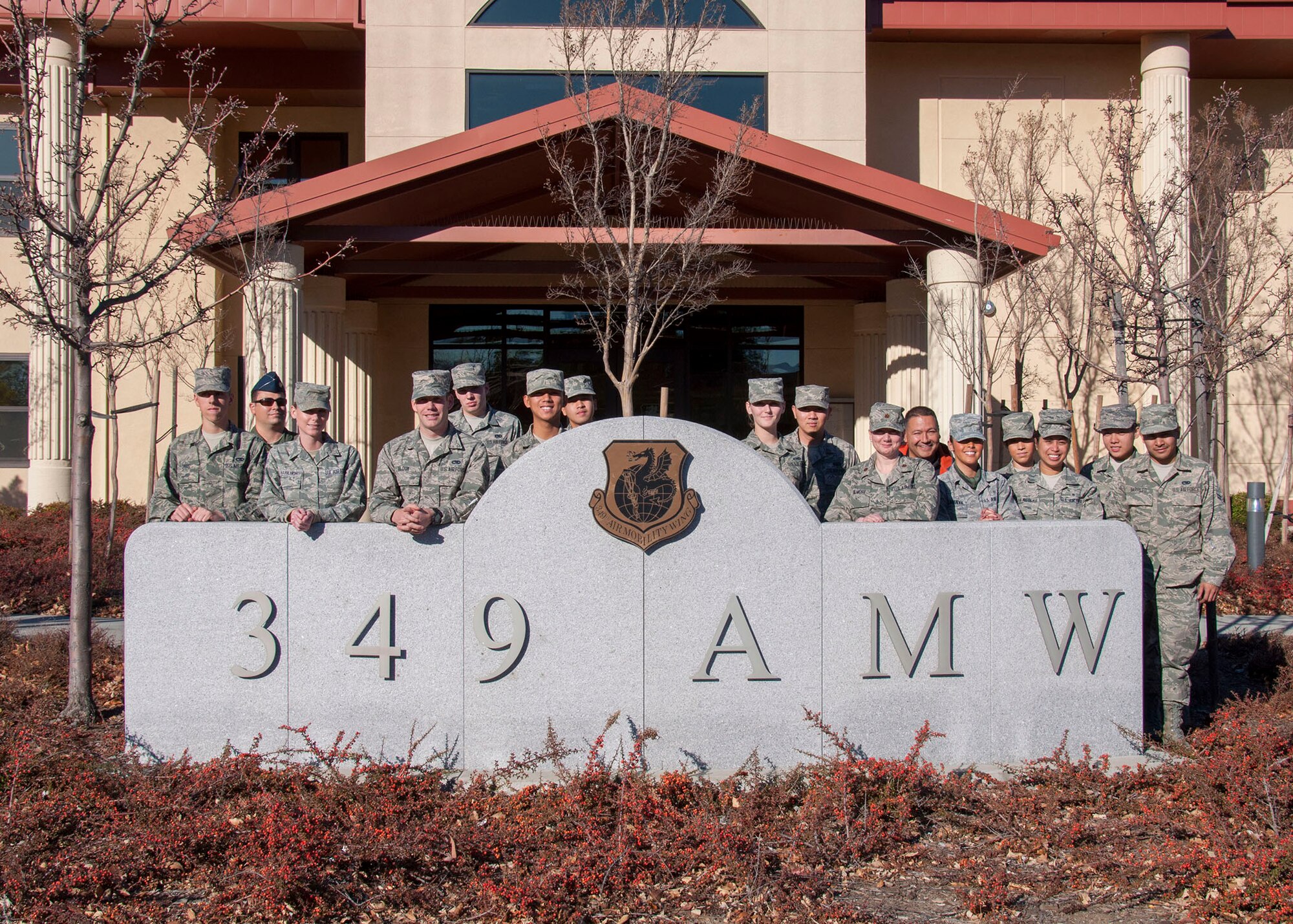 TRAVIS AIR FORCE BASE, Calif. -- New 349th Air Mobility Wing Reservists pause for a photo during their in-processing, Jan 4, 2014. (U.S. Air Force photo/Master Sgt. Rachel Martinez) 