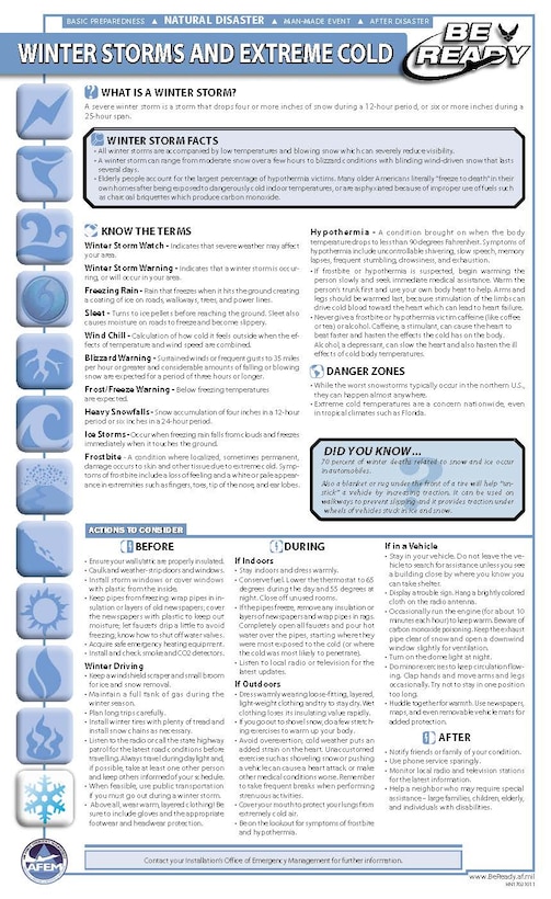 High winds and extremely cold temperatures are expected to roll into the area Jan. 7, bring the most fridgid weather conditions seen in the last two decades, according to weather forecasters.  Read these tips from the Air Force's "Be Ready" website to prepare for the cold weather. (U.S. Air Force Graphic)