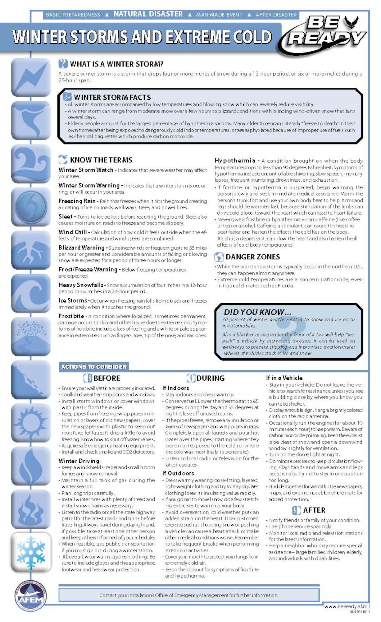 High winds and extremely cold temperatures are expected to roll into the area Jan. 7, bring the most fridgid weather conditions seen in the last two decades, according to weather forecasters.  Read these tips from the Air Force's "Be Ready" website to prepare for the cold weather. (U.S. Air Force Graphic)