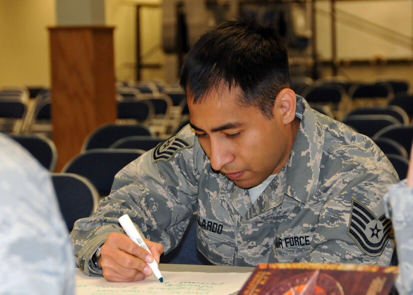 Tech. Sgt. Paul Gallardo participates in a communication training exercise during the enlisted continuing process improvement event held at the 120th Fighter Wing in Great Falls, Mont. on Nov. 2, 2013. National Guard photo/Tech. Sgt. Christy Mason.
