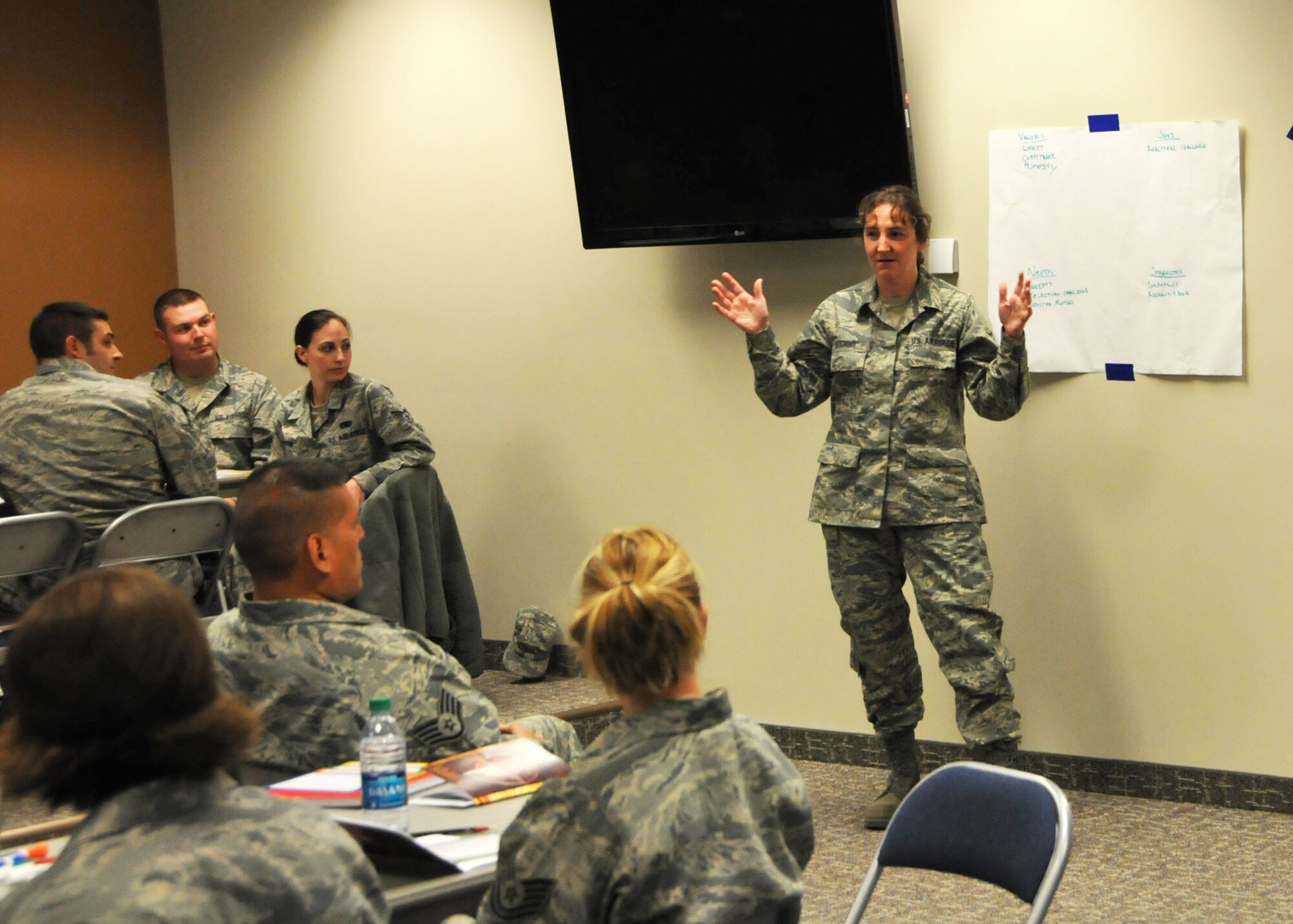 Master Sgt. Christina Hutchins discusses a small-group project during the communication training exercise at the enlisted continuing process improvement event held at the 120th Fighter Wing in Great Falls, Mont. on Nov. 2, 2013. National Guard photo/Tech. Sgt. Christy Mason.