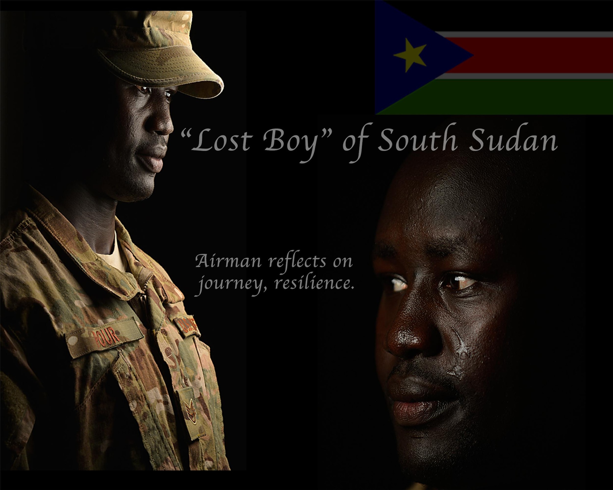 U.S. Air Force Staff Sgt. Deng Pour reflects on his journey from being one of the “lost boys” of Sudan to becoming an American Airman. Pour is currently deployed to the Combined Joint Task Force - Horn of Africa as the religious affairs non-commissioned officer in charge. (U.S. Air Force photo by Staff Sgt. Antoinette Gibson/Released) 