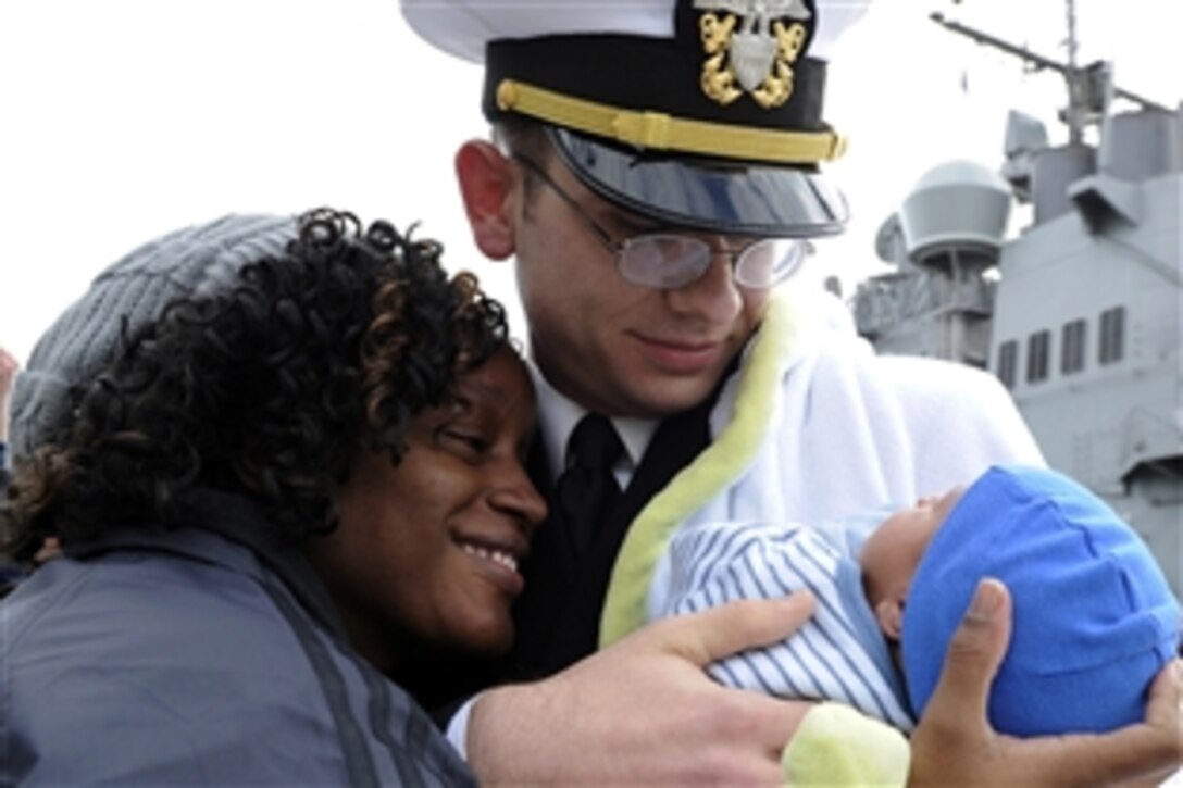 U.S. Navy Chief Phillip Gauronskas meets his son at Naval Station Norfolk in Norfolk, Va., Jan. 5, 2014, upon returning from a nine-month deployment aboard the USS Monterey. The Monterey’s crew supported maritime security operations, crisis response, theater security cooperation and provided a forward naval presence in the U.S. Navy's 5th and 6th Fleet areas of operation.