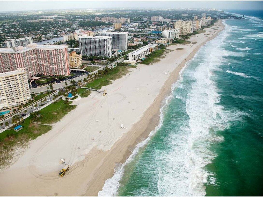 An aerial snapshot depicts the progress of Broward County beach renourishment.  