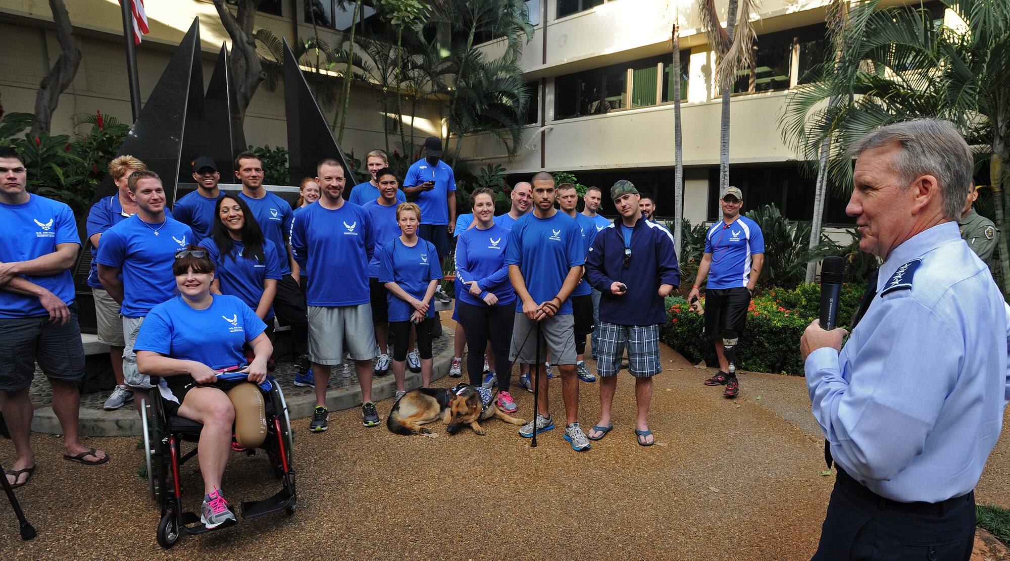 Gen. Hawk Carlisle, commander of Pacific Air Forces, welcomes the men and women of the Air Force Wounded Warriors to the Courtyard of Heroes at the PACAF headquarters, Joint Base Pearl Harbor-Hickam, Hawaii, Jan. 6, 2014. Carlisle thanked the athletes for their service and their dedication, and explained how impressed he was by their commitment to being resilient Airmen. Thirty Air Force wounded warriors will face off against 90 athletes from other services during the first Wounded Warrior Pacific Invitational Jan. 8-10 at JBPH-Hickam. (U.S. Air Force photo/Master Sgt. Jerome S. Tayborn)