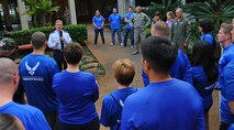 Gen. Hawk Carlisle, commander of Pacific Air Forces, welcomes Air Force Wounded Warriors to the Courtyard of Heroes at the PACAF headquarters, Joint Base Pearl Harbor-Hickam, Hawaii, Jan. 6, 2014. Thirty Air Force wounded warriors will face off against 90 athletes from other services during the first Wounded Warrior Pacific Invitational Jan. 8-10 at JBPH-Hickam. The warriors will compete in sports including wheelchair basketball, track and field, swimming, cycling and seated volleyball.  (U.S. Air Force photo/Master Sgt. Jerome S. Tayborn)