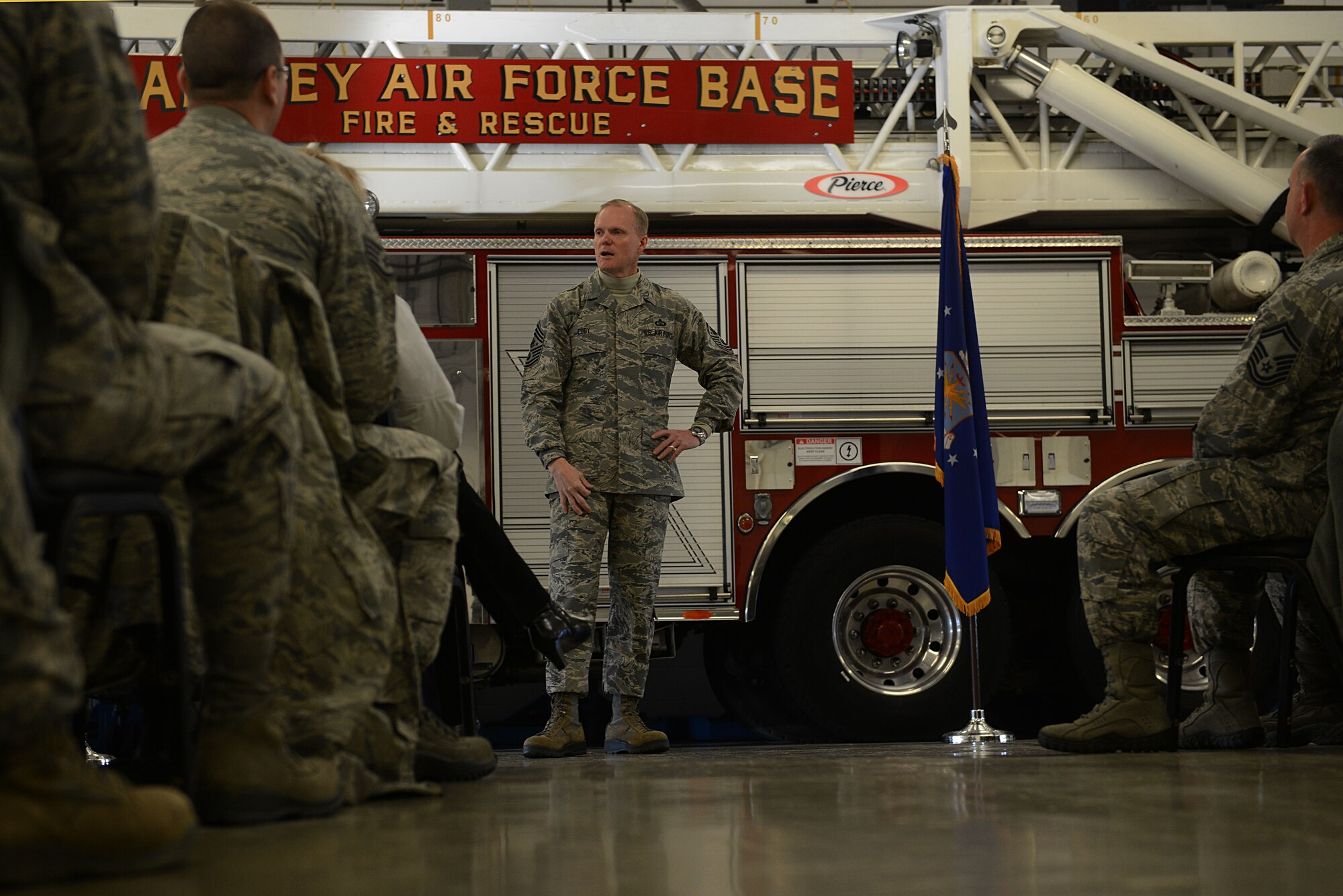 Chief Master Sgt. of the Air Force James A. Cody addresses members of the 633rd Civil Engineer Squadron during a visit to Langley Air Force Base, Va., Jan. 7, 2014. Cody visited multiple wings and discussed force management issues, budget concerns and the future of the enlisted force with Airmen. (U.S. Air Force photo by Airman 1st Class Kimberly Nagle/Released)