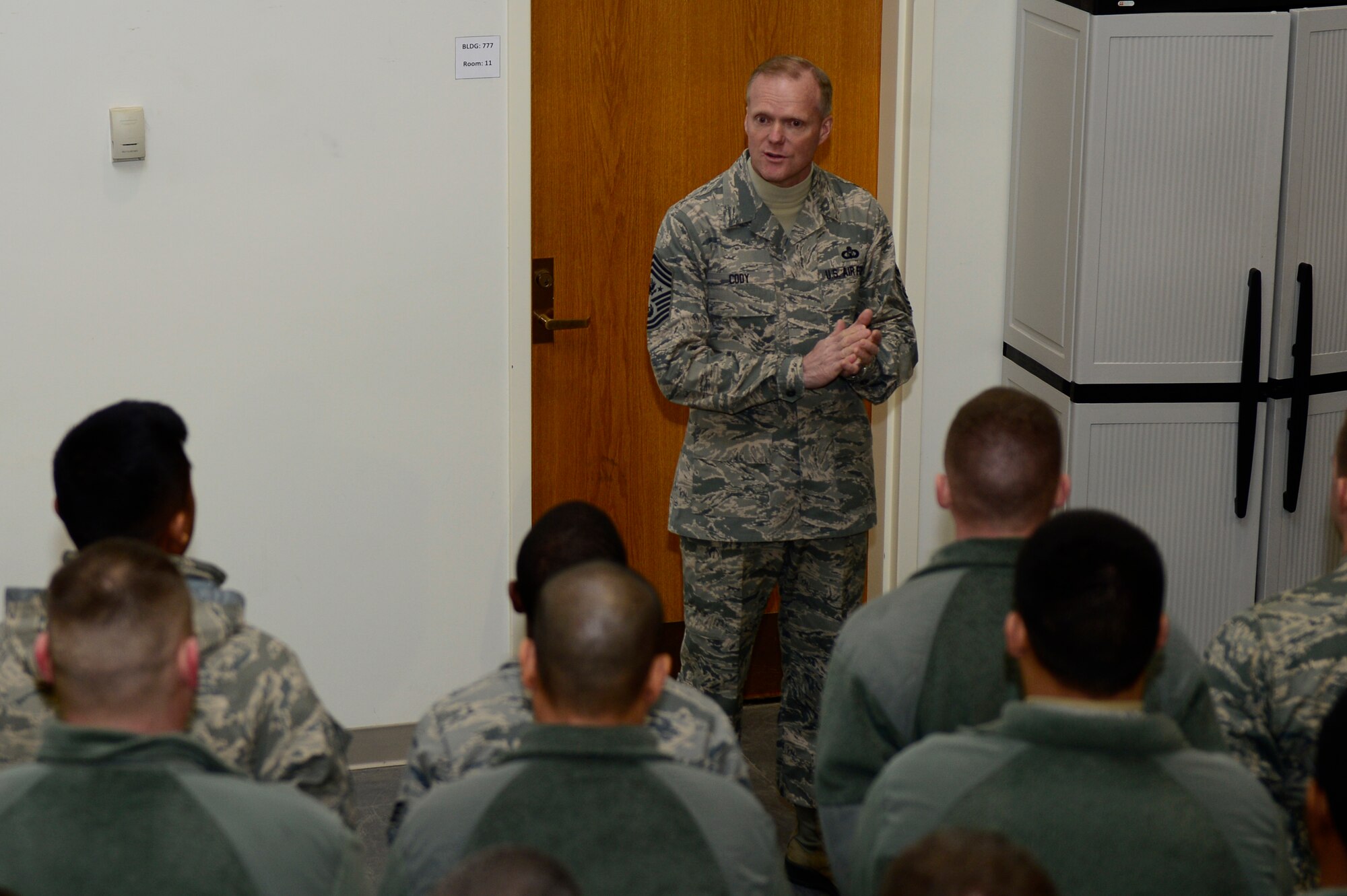 Chief Master Sgt. of the Air Force James A. Cody speaks to the 633rd Logistics Readiness Squadron during his tour of Langley Air Force Base, Va., Jan. 7, 2014. Cody visited multiple wings and discussed force management issues, budget concerns and the future of the enlisted force with Airmen. (U.S. Air Force photo/Airman 1st Class Areca T. Wilson/Released) 