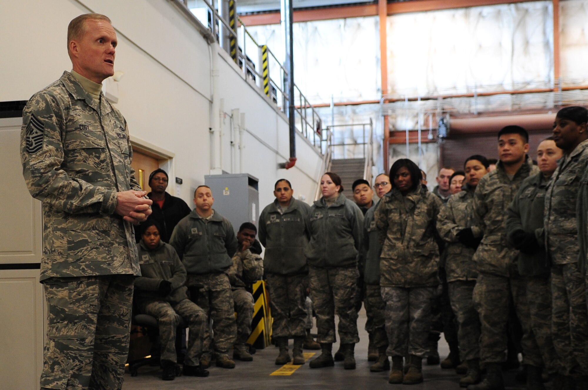 Chief Master Sgt. of the Air Force James A. Cody speaks to the 633rd Logistics Readiness Squadron during his tour of Langley Air Force Base, Va., Jan. 7, 2014. Cody visited multiple wings and discussed force management issues, budget concerns and the future of the enlisted force with Airmen. (U.S. Air Force photo/Airman 1st Class Areca T. Wilson/Released)