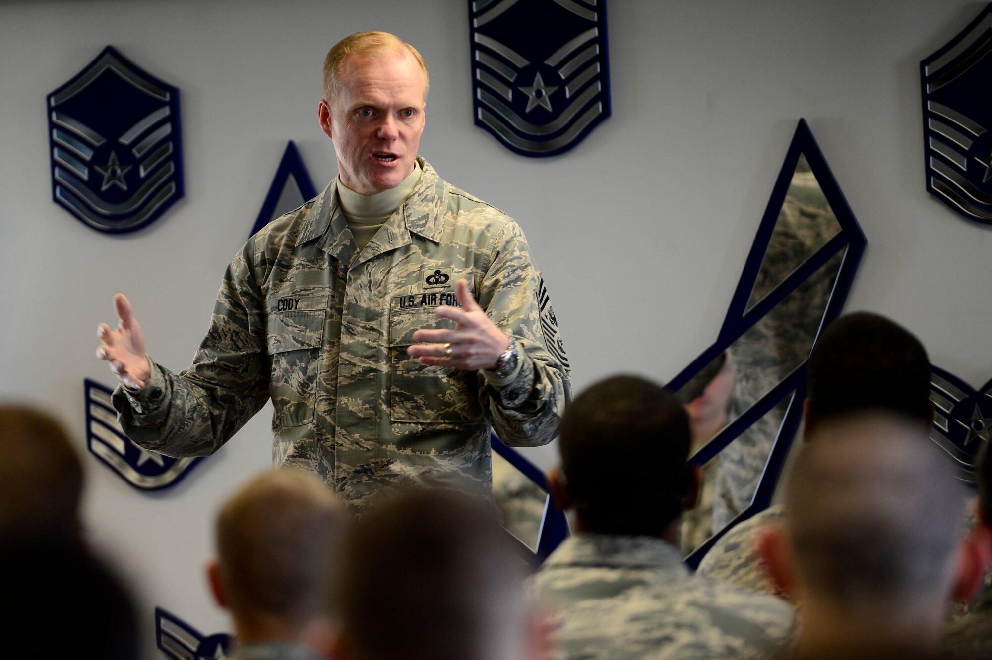 Chief Master Sgt. of the Air Force James A. Cody speaks to Airmen at the First Term Airman Center during his visit to Langley Air Force Base, Va., Jan. 7, 2014. Cody visited multiple wings and discussed force management issues, budget concerns and the future of the enlisted force with Airmen. (U.S. Air Force photo/Airman 1st Class Areca T. Wilson/Released)