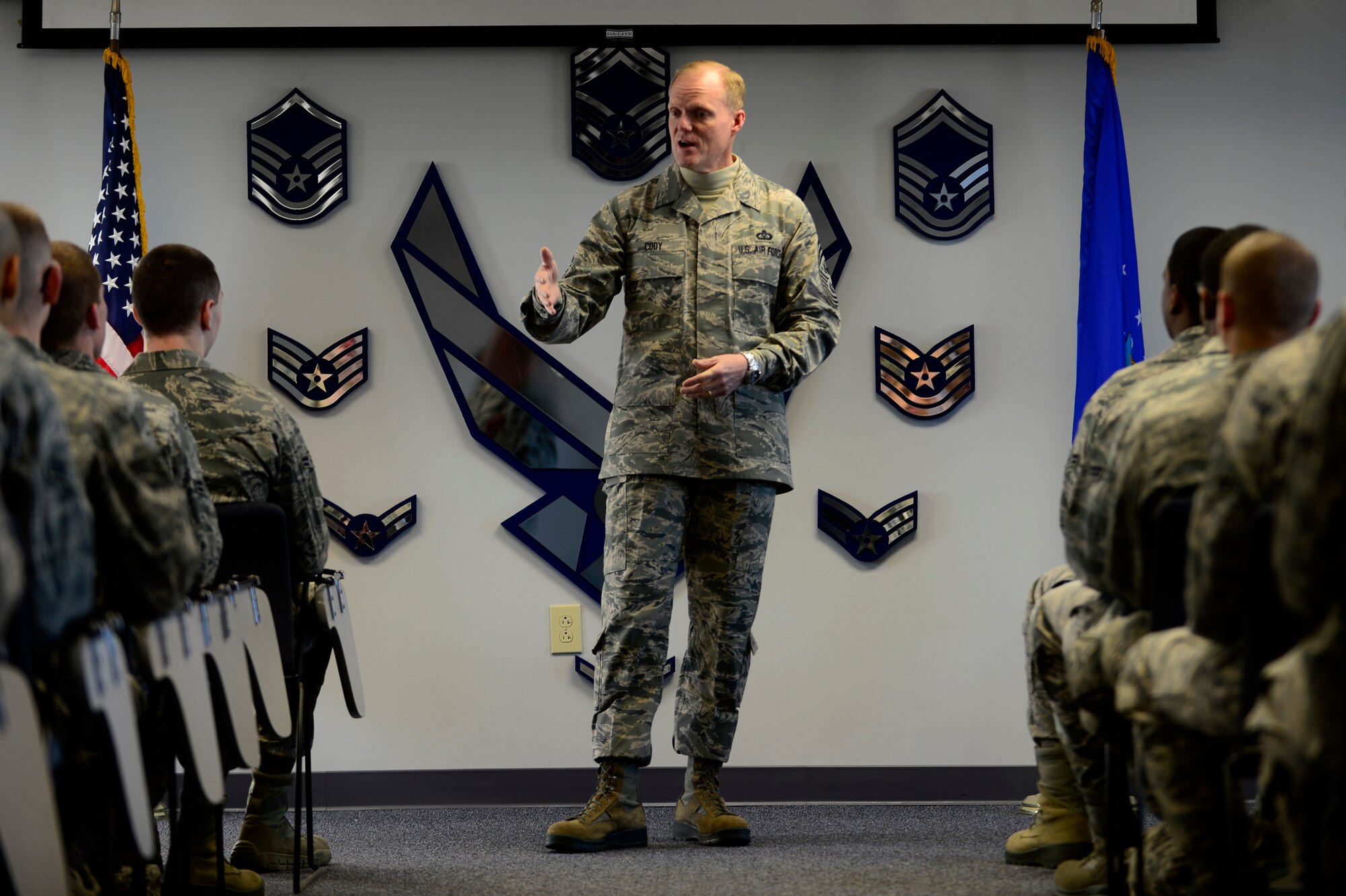 Chief Master Sgt. of the Air Force James A. Cody speaks to Airmen at the First Term Airman Center during his visit to Langley Air Force Base, Va., Jan. 7, 2014. Cody visited multiple wings and discussed force management issues, budget concerns and the future of the enlisted force with Airmen. (U.S. Air Force photo/Airman 1st Class Areca T. Wilson/Released)
