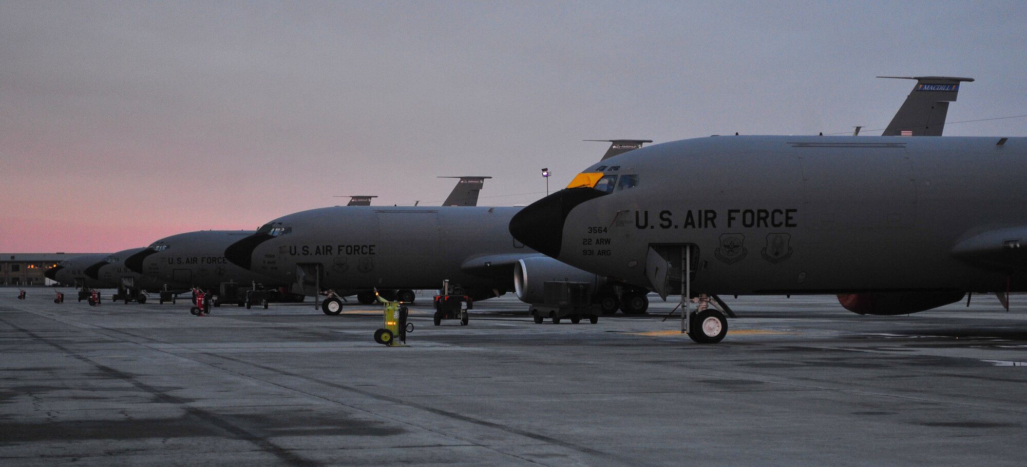 Fairchild’s KC-135 Stratotankers line up on the flightline at Fairchild Air Force Base, Wash., Dec. 17, 2013. The main mission at Fairchild is to provide global reach for America. (U.S. Air Force photo by Airman 1st Class Ryan Zeski/Released)