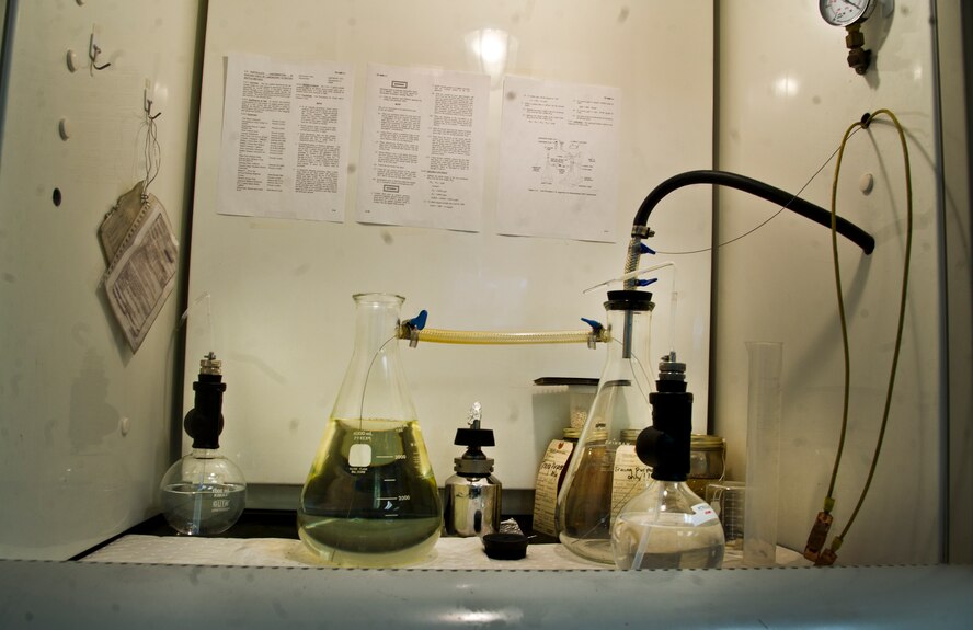 The primary goal of the fuels laboratory is to make sure the fuel is a clean, quality product that meets all specifications, from the moment it arrives, to the moment it is loaded on an aircraft. The base fuels laboratory is responsible for the quality assurance and surveillance and testing of all petroleum products outlined by Department of Defense standards. (U.S. Air force photo/Senior Airman Brittany Y. Auld)