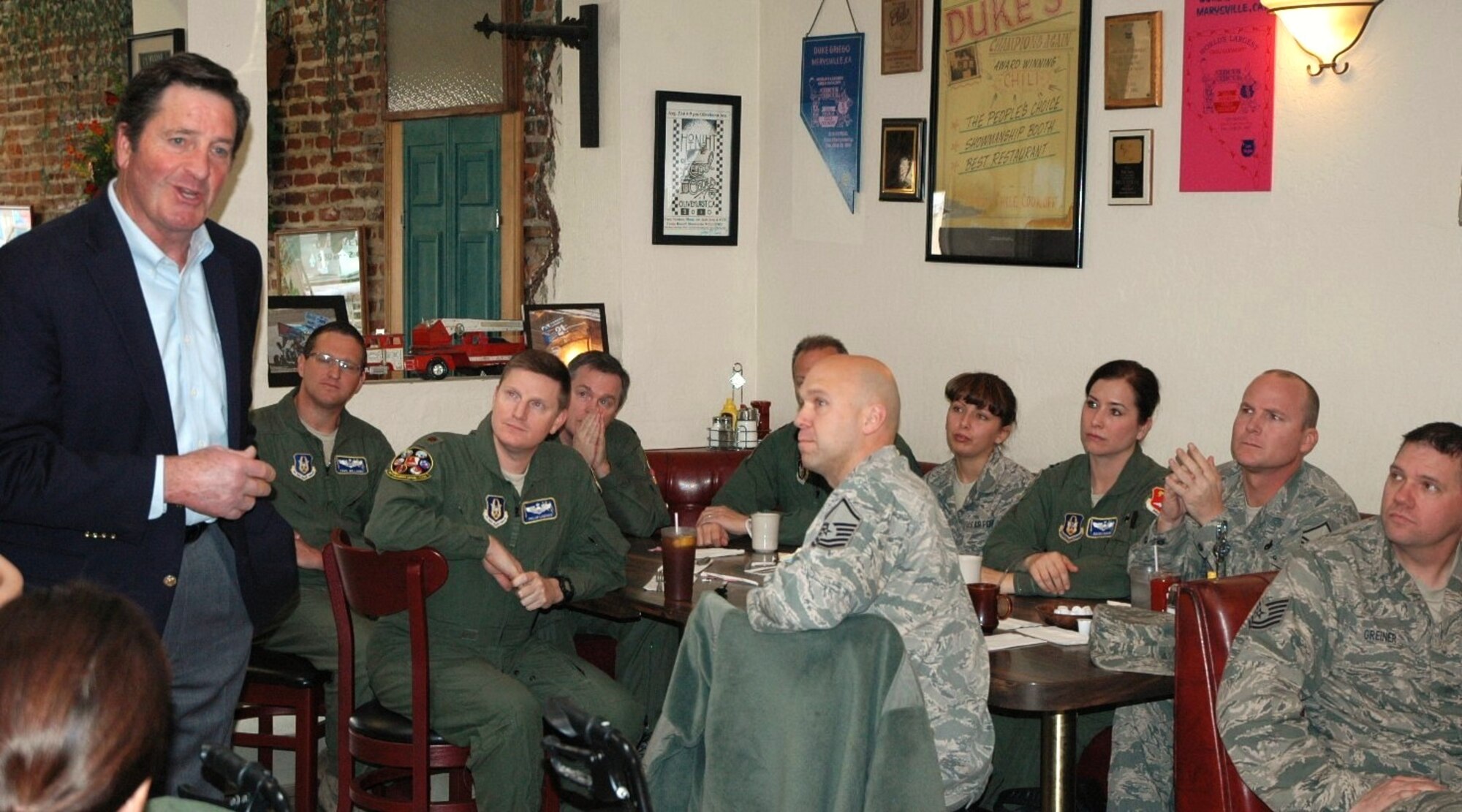 Congressman John Garamendi (D-Fairfield, Calif.) addresses Beale Air Force Base reservists from the 13th Reconnaissance Squadron during a breakfast meeting at Duke's Diner in Olivehurst, Calif., Jan. 6. The congressman spoke with 940th Wing leadership and approximately 30 members of the squadron regarding the status of their reserve unit and the future of the Northern California base. (U.S. Air Force photo/Dana Lineback) 
