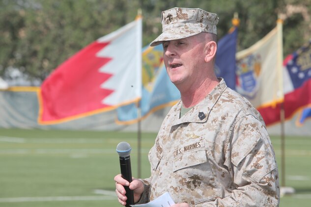 Former U.S. Marine Corps Forces Central Command (Forward) sergeant major, Sgt. Maj. John J. McGovern gives parting remarks to an audience of Marines, sailors and guests during the MARCENT (Fwd) Relief and Appointment Ceremony, in which he passed his duties as the unit sergeant major to Sgt. Maj. Mario A. Marquez, Feb. 12.