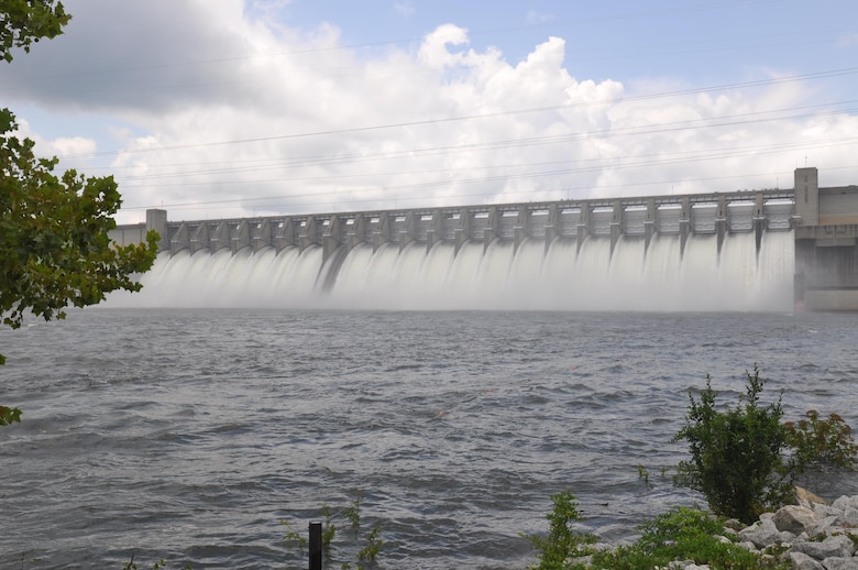 CLARKS HILL, S.C. -- Water is released from the spillway gates at the U.S. Army Corps of Engineers' J. Strom Thurmond Dam during a gate test July 11, 2013. USACE photo by Billy Birdwell.