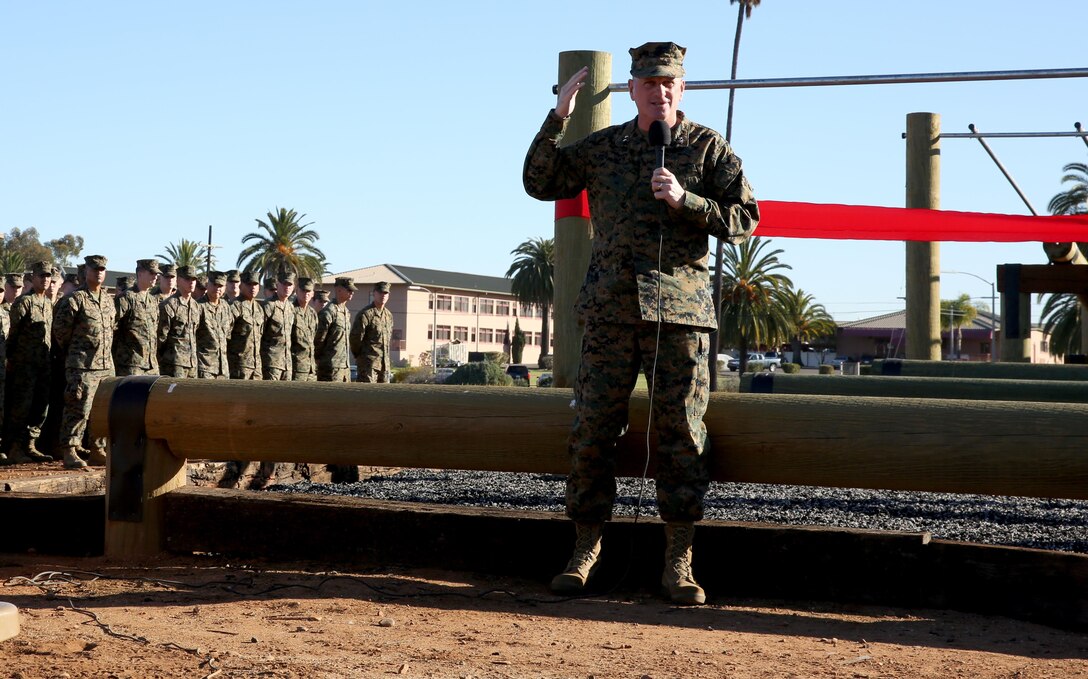 Maj. Gen. Steven Busby, 3rd Marine Aircraft Wing (MAW) commanding general, speaks during the ribbon-cutting ceremony for the new obstacle course aboard Marine Corps Air Station Miramar, Calif., Jan. 6. Busby listened to observations made by his noncommissioned officers, then put a plan into action to build an obstacle course for the Marines and Sailors of MCAS Miramar.