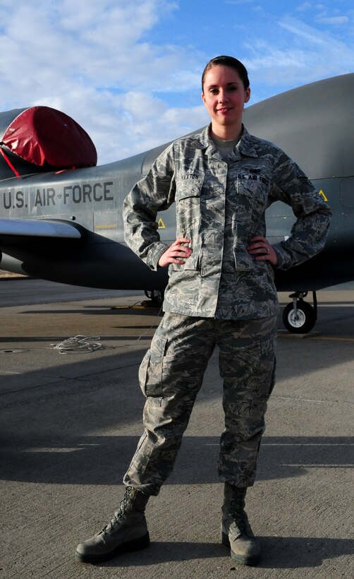 Senior Airman Michaela Thaxton, 9th Comptroller Squadron special actions team lead, on the flightline of Beale Air Force Base, Calif., Jan. 7, 2014. Thaxton was recently selected as Air Combat Command’s 2013 Financial Management Airman of the Year. (U.S. Air Force photo by Airman 1st Class Bobby Cummings/Released)