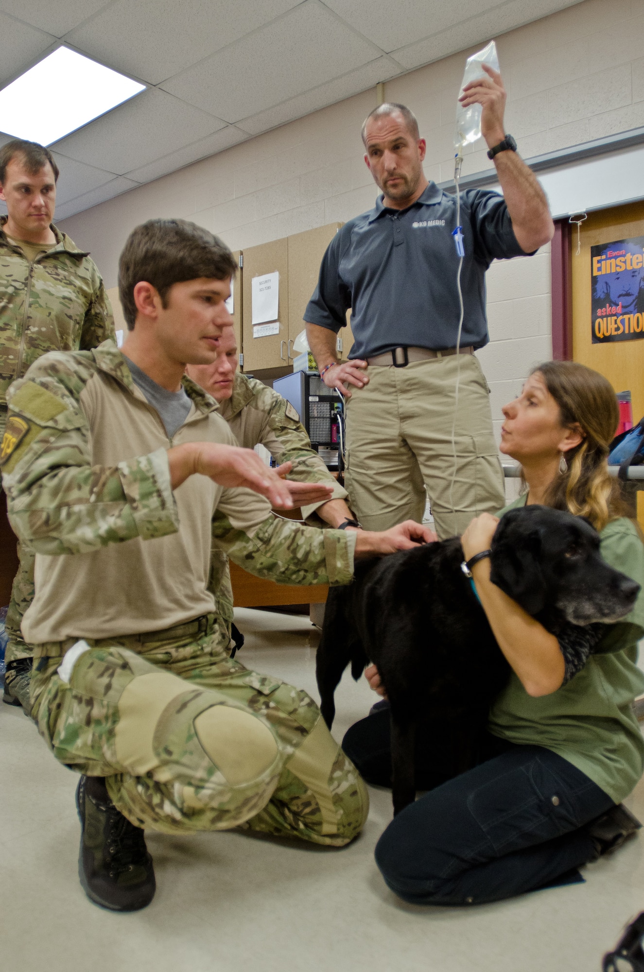Staff Sgt. David Covel (left), a pararescueman from the Kentucky Air National Guard’s 123rd Special Tactics Squadron, helps administer an intravenous solution to a dog with the help of Thomas Barrett, a civilian paramedic and K9 medic trainer, and Kalee Pasek, a doctor of veterinary medicine and education coordinator for K9 medics at Jefferson Community College in Shelbyville, Ky., Dec. 5, 2013, as part of a  two-day training course. Covel is one of 10 Kentucky Air Guard pararescuemen who learned to treat military working dogs during the course. (U.S. Air National Guard photo by Master Sgt. Phil Speck)