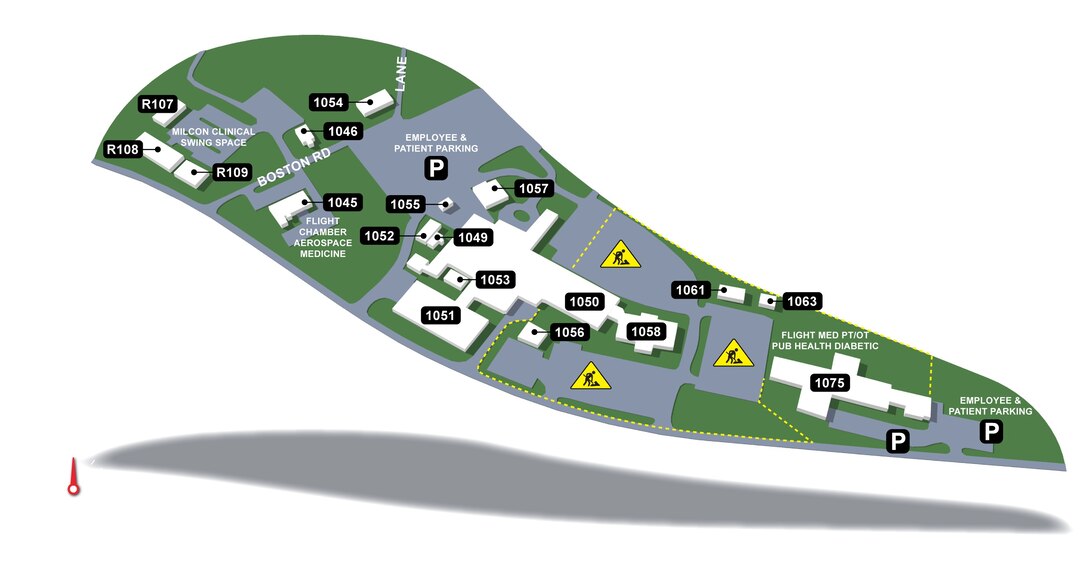 This map shows the current Malcolm Grow Medical Clinics and Surgery Center Building numbers.