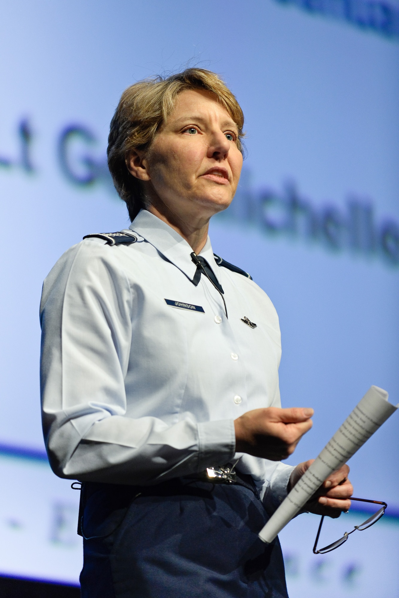 U.S. Air Force Academy Superintendent Lt. Gen. Michelle D. Johnson speaks to Academy Airmen at a Superintendent's Call Jan. 7 at the Arnold Hall Theatre. At the event, the general spoke on how the Academy can maintain it's leading edge in an era of fiscal constraints and other challenges./U.S. Air Force photo by Elizabeth Copan 
