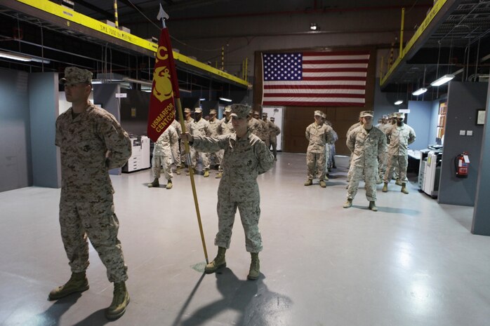 Marines and sailors aboard Naval Support Activity Bahrain welcome their new commanding officer, Maj. Sally A. Falco, a Detroit native, to the United States Marine Corps Forces Central Command (Forward) team, Aug. 15 in a change of a command ceremony.  Falco replaced Maj. Melanie R. Bell-Carter as the MARCENT (FWD), Headquarters Company commanding officer.
