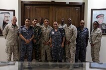 Senior staff noncommissioned officers from U.S. Marine Corps Forces Central Command (Forward) and senior noncommissioned officers from the Royal Jordanian Armed Forces pose for a picture after taking a tour of the Royal Naval Base, Aqaba, Jordan, June 12, 2013. The tour was part of Exercise Eager Lion 2013.