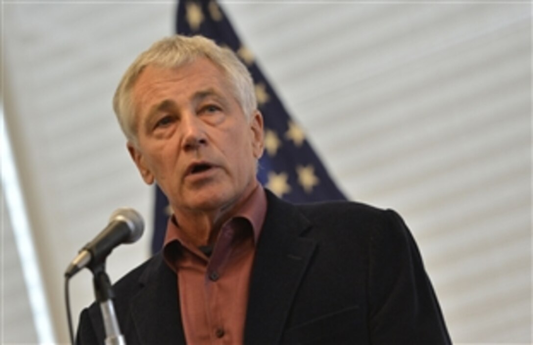Defense Secretary Chuck Hagel answers questions from wounded warriors during a town hall meeting  at the Center for the Intrepid at Brooke Army Medical Center on Joint Base San Antonio, Jan. 8, 2014. Hagel also plans to visit military facilities in New Mexico and Wyoming this week to thank wounded warriors, troops and defense workers for their service and dedication. 