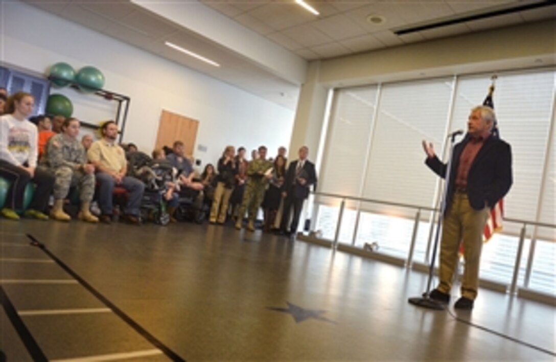 Defense Secretary Chuck Hagel answers questions from wounded warriors during a town hall meeting at the Center for the Intrepid at Brooke Army Medical Center on Joint Base San Antonio, Jan. 8, 2014. Hagel also plans to visit military facilities in New Mexico and Wyoming this week to thank wounded warriors, troops and defense workers for their service and dedication.