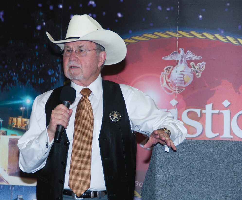 Former Smith County, Texas, Sheriff J.B. Smith entertains Marines and civilian-Marines Tuesday as Marine Corps Logistics Command’s guest speaker at “Back in the Saddle” training, here.