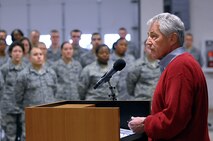U.S. Defense Secretary Chuck Hagel visited Airmen from the 90th Missile Wing at F.E. Warren Air Force Base, Wyo., Jan. 9, 2014 to learn about the ICBM mission and the people who operate, maintain, secure and support the Minuteman III weapon system. Hagel took time to speak to Airmen who were selected as top performers by their leadership during an Airmen’s event in the 90th Maintenance Group maintenance high bay, Bldg. 1235.  (U.S. Air Force photo by R.J. Oriez)