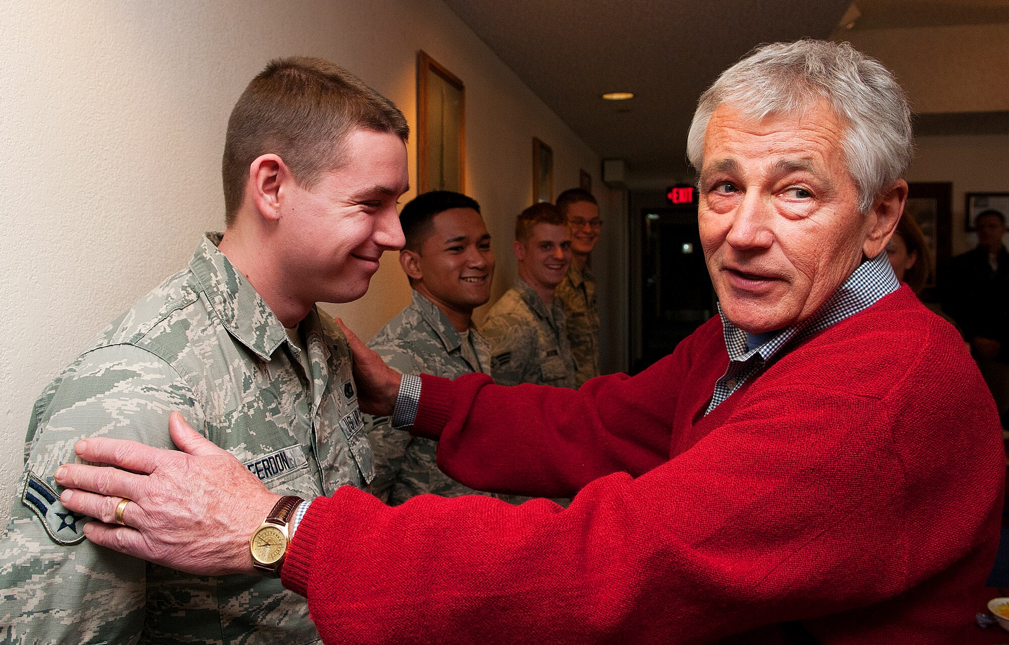 U.S. Defense Secretary Chuck Hagel reacts as he hears that Airman 1st Class Alexander Ferdon, 790th Missile Security Forces Squadron, was born in Omaha, Neb. Hagel toured the 319th Missile Squadron’s Missile Alert Facility Echo-01 in Kimball County, Neb., Jan. 9, 2014 as part of a familiarization visit to F.E. Warren Air Force Base, Wyo., and the 90th Missile Wing. Hagel is a former U.S. senator from Nebraska. (U.S. Air Force photo by R.J. Oriez)
