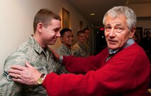 U.S. Defense Secretary Chuck Hagel reacts as he hears that Airman 1st Class Alexander Ferdon, 790th Missile Security Forces Squadron, was born in Omaha, Neb. Hagel toured the 319th Missile Squadron’s Missile Alert Facility Echo-01 in Kimball County, Neb., Jan. 9, 2014 as part of a familiarization visit to F.E. Warren Air Force Base, Wyo., and the 90th Missile Wing. Hagel is a former U.S. senator from Nebraska. (U.S. Air Force photo by R.J. Oriez)

