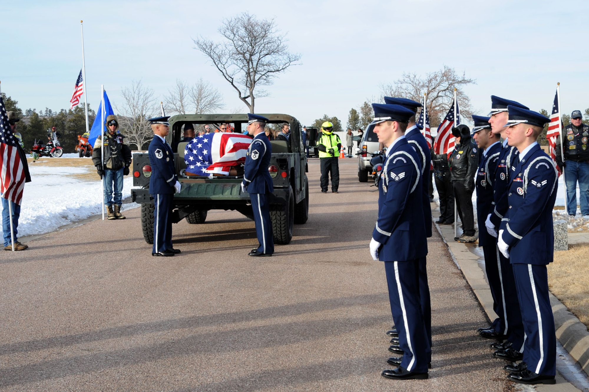 U.S. AIR FORCE ACADEMY, Colo. – Members of the High Frontier Honor Guard prepare to bring Capt. David Lyon, 21st Logistics Readiness Squadron,  to his final resting place in the United States Air Force Academy cemetery Jan 8. Lyon was killed in action Dec. 27 after the enemy attacked his convoy in Afghanistan. (U.S. Air Force photo/SSgt J. Aaron Breeden)