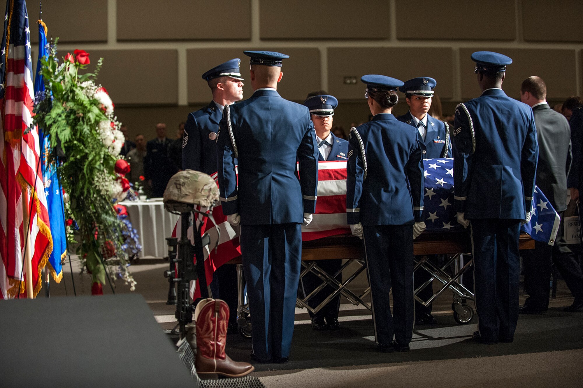 COLORADO SPRINGS, Colo. – The High Frontier Honor Guard escorts the casket of Capt. David Lyon, 21st Logistics Readiness Squadron, into the sanctuary during his funeral service Jan. 8. Lyon was killed in action Dec. 27 after the enemy attacked on his convoy in Afghanistan. (U.S. Air Force photo/Craig Denton)